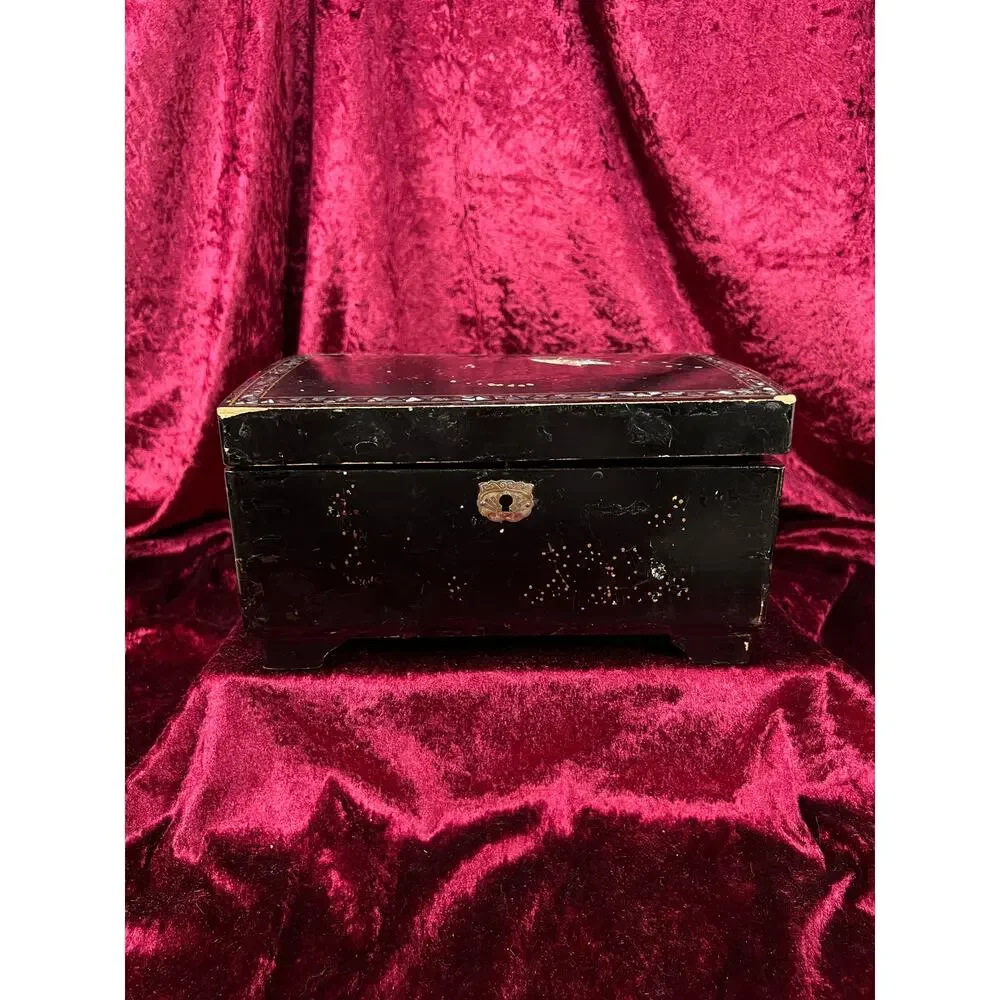 Vintage Black Lacquer Jewelry Box - Mother of Pearl Painted Peacock Vanity Chest